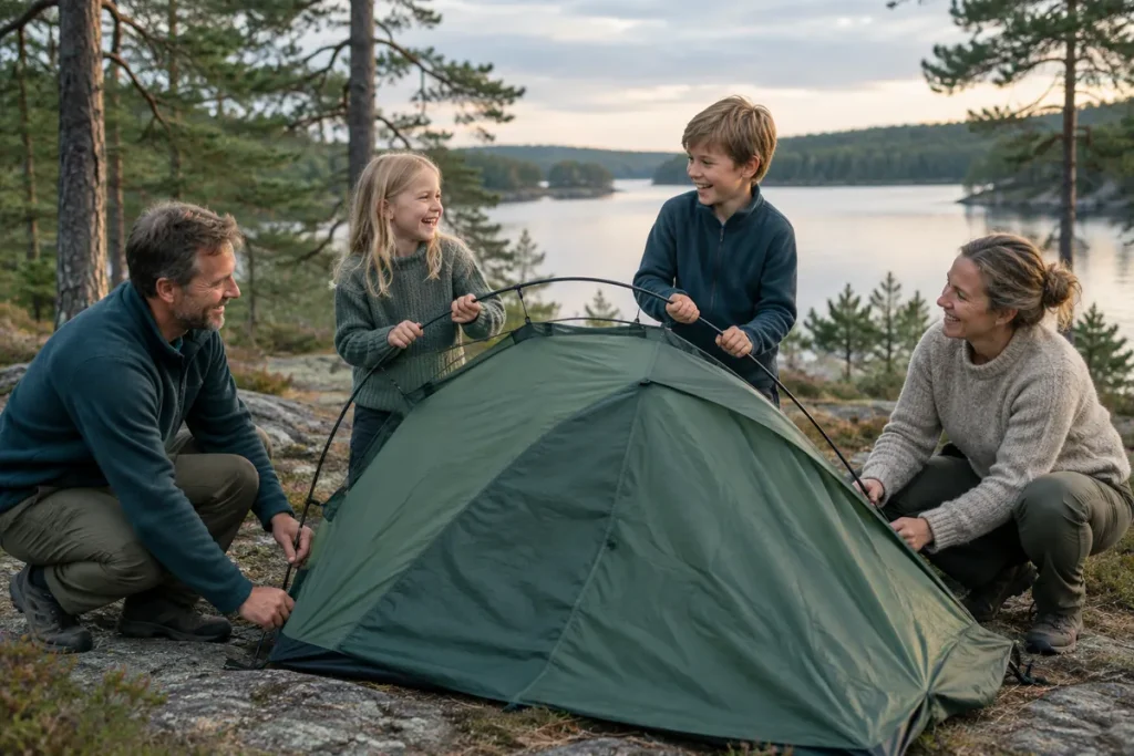 Familj slår upp ett tält vid en sjö i skogen