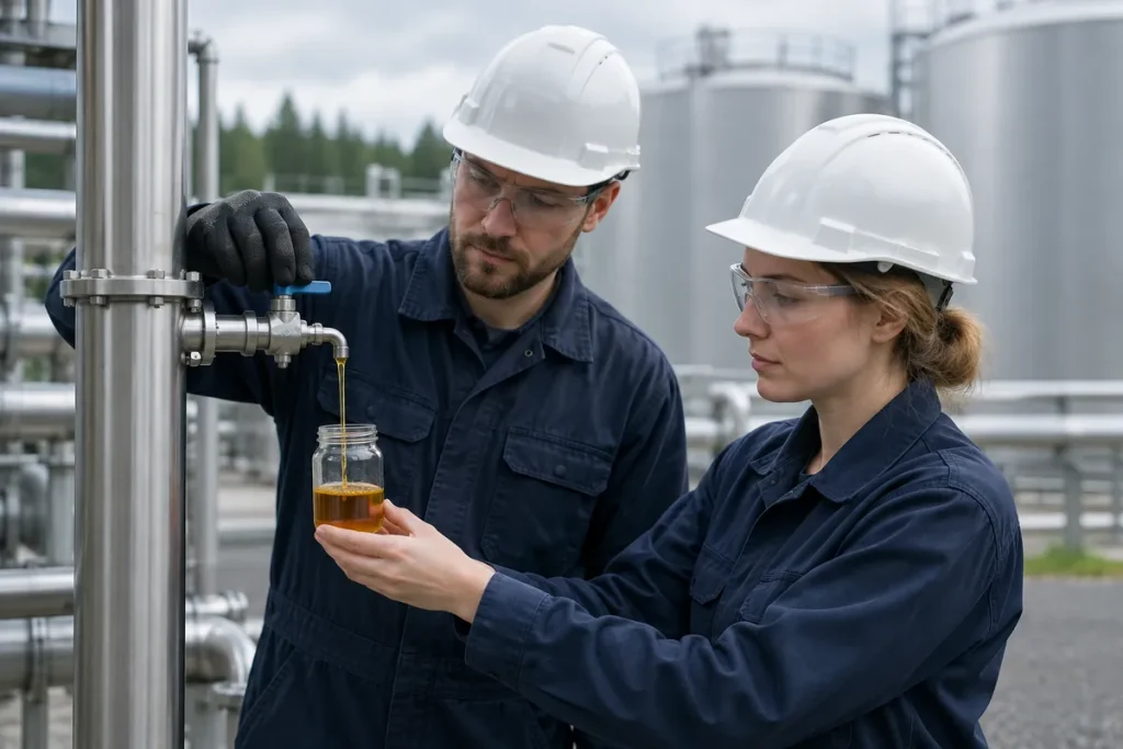 Två processoperatörer tar ett prov av förnybar diesel ur en ventil på ett bioraffinaderi