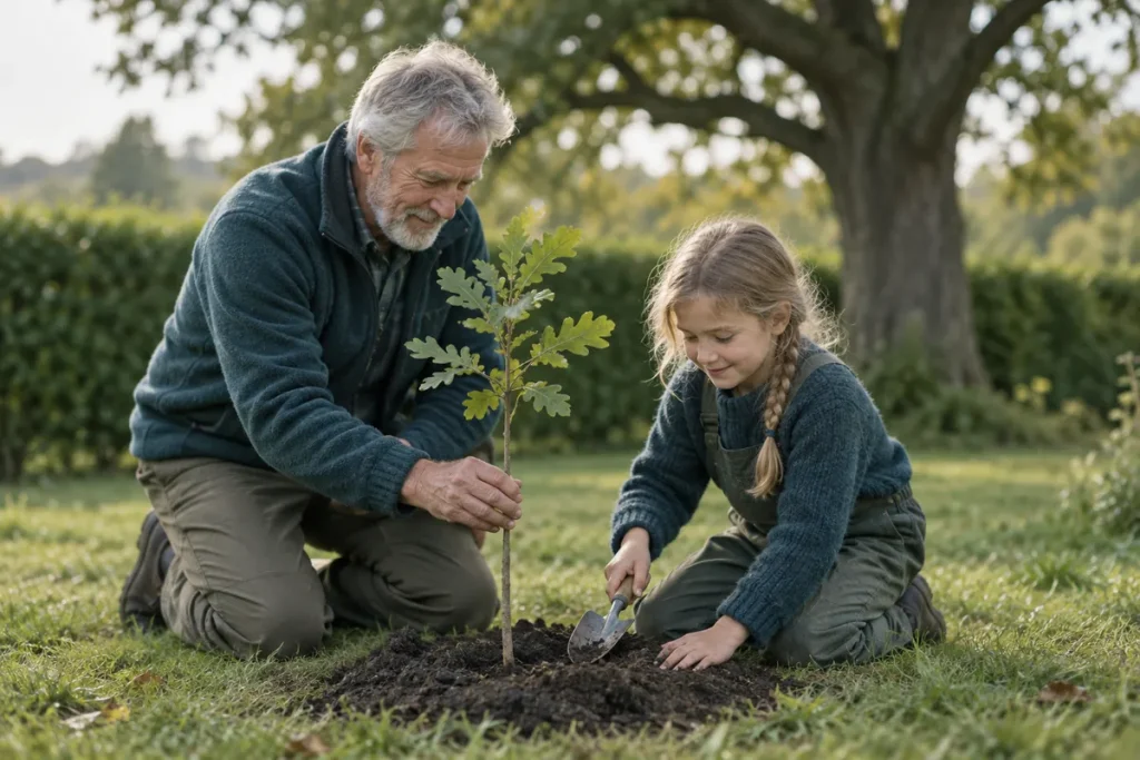 En morfar och hans barnbarn planterar en liten ekplanta i en trädgård