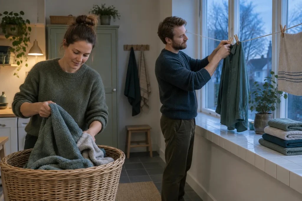 Två personer hänger tvätt på en lina i en tvättstuga en kväll