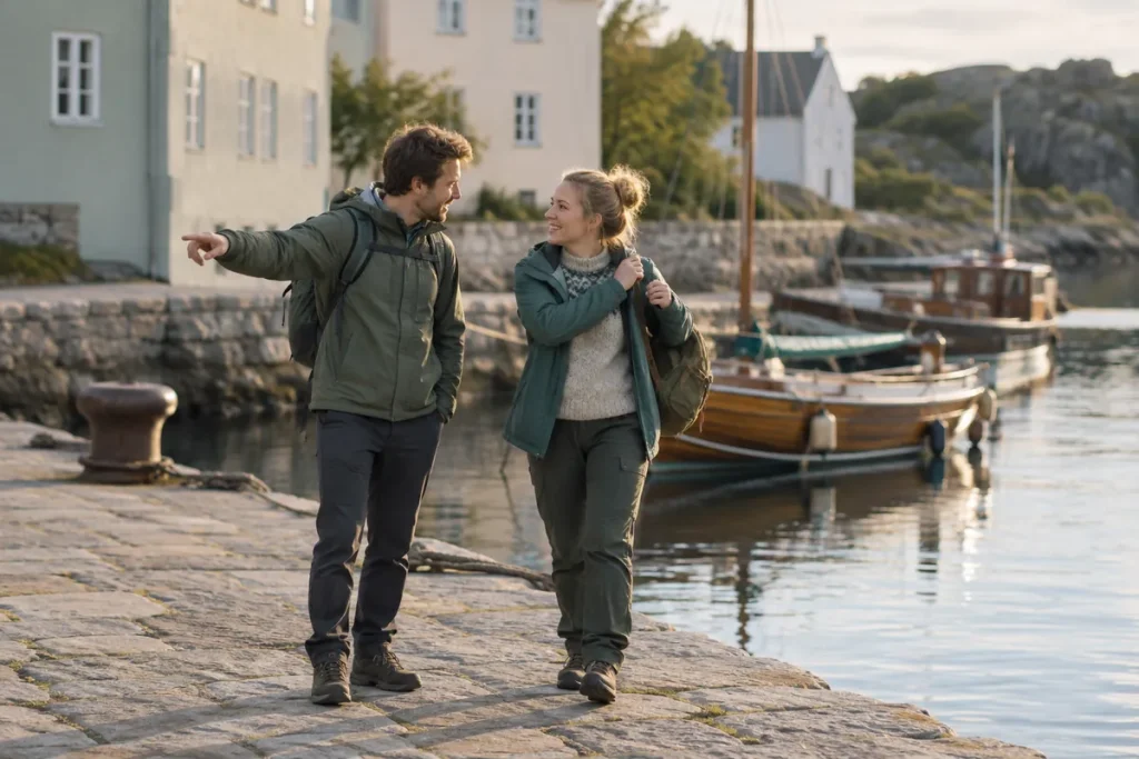 Två resenärer på en solig stenkaj, den ena pekar längs vattnet och den andra tar på sig en ryggsäck