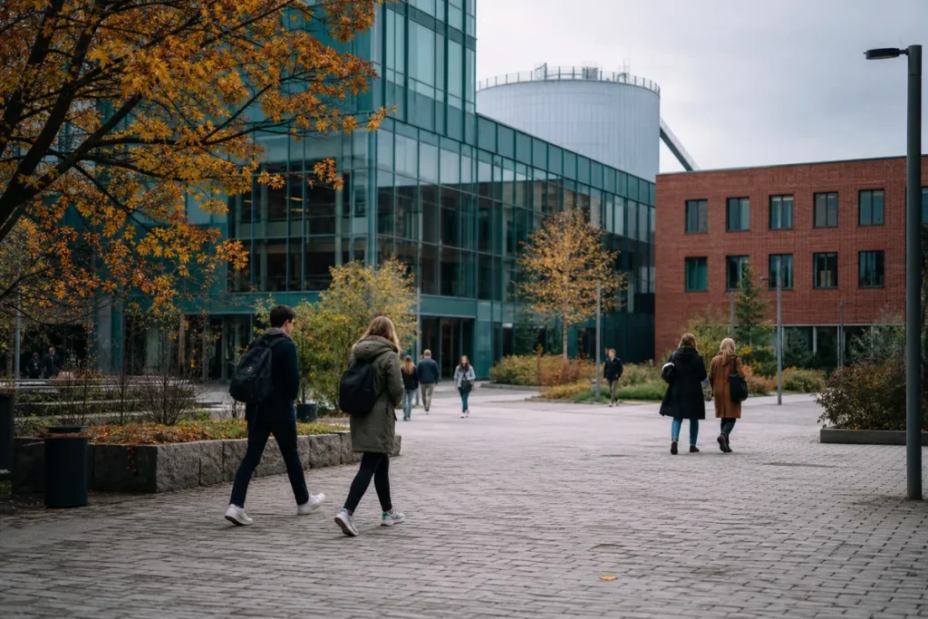Universitetsområde i dagsljus med byggnader i tegel och glas