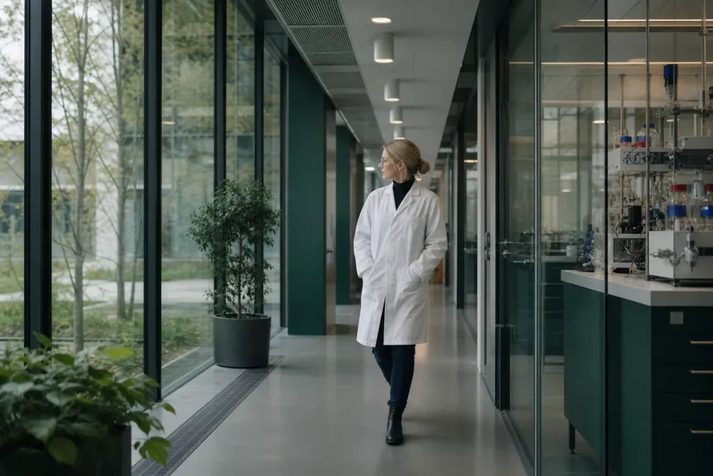 Ljus korridor i en svensk universitetsbyggnad med laboratorier bakom glasväggar