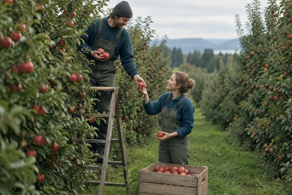 Två fruktodlare plockar äpplen från en stege och lägger dem i en trälåda