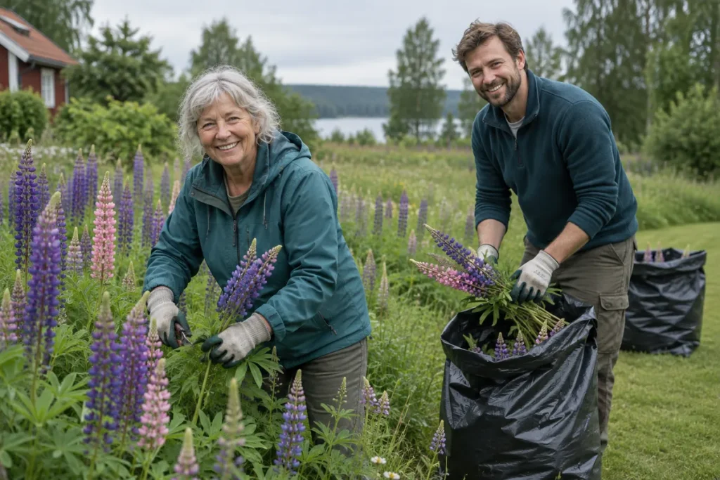 Mor och son klipper ner blomsterlupiner och lägger dem i säckar