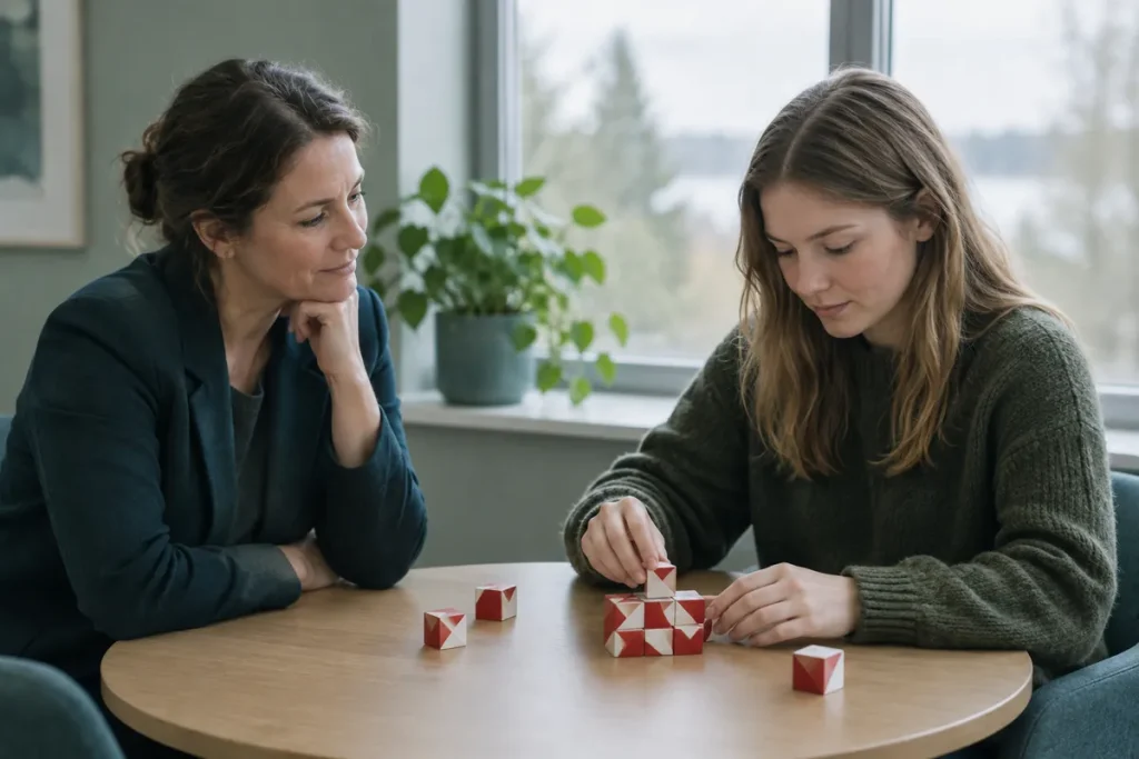 En psykolog iakttar hur en ung kvinna lägger röda och vita kuber i ett mönster