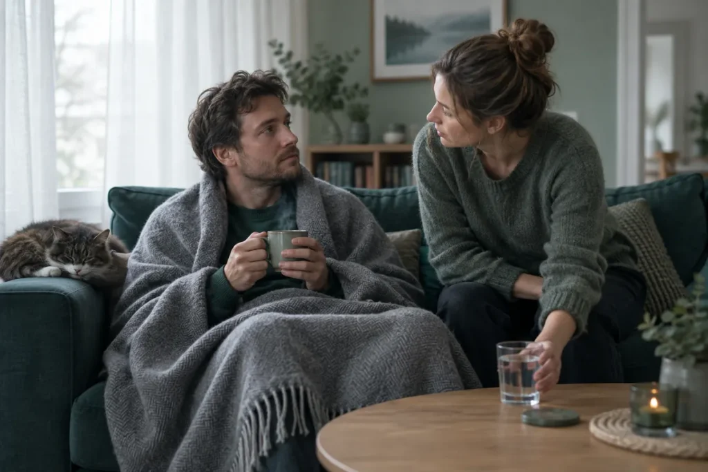 En förkyld man i en filt på soffan får ett glas vatten av sin partner