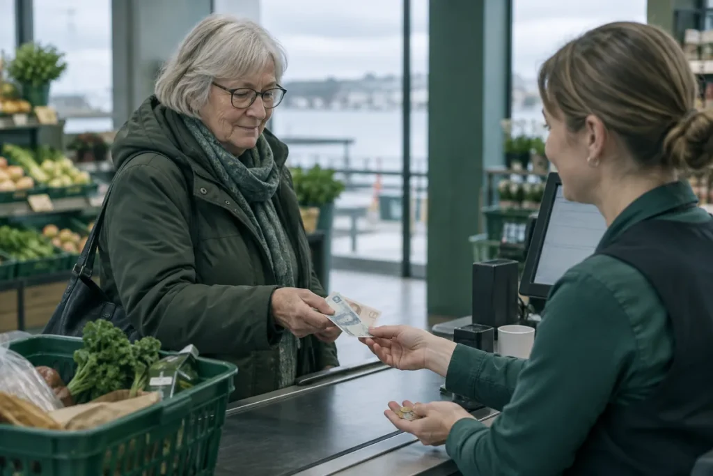 Kvinna betalar med sedlar i kassan i en livsmedelsbutik