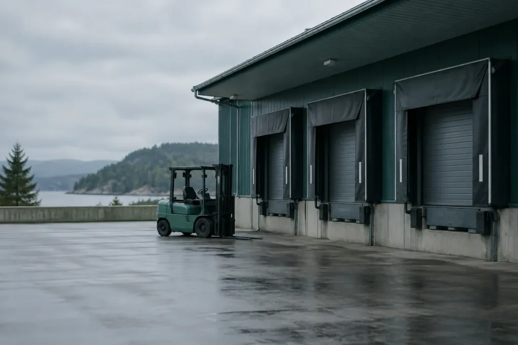 Tom lastkaj vid en industrifastighet i grått dagsljus