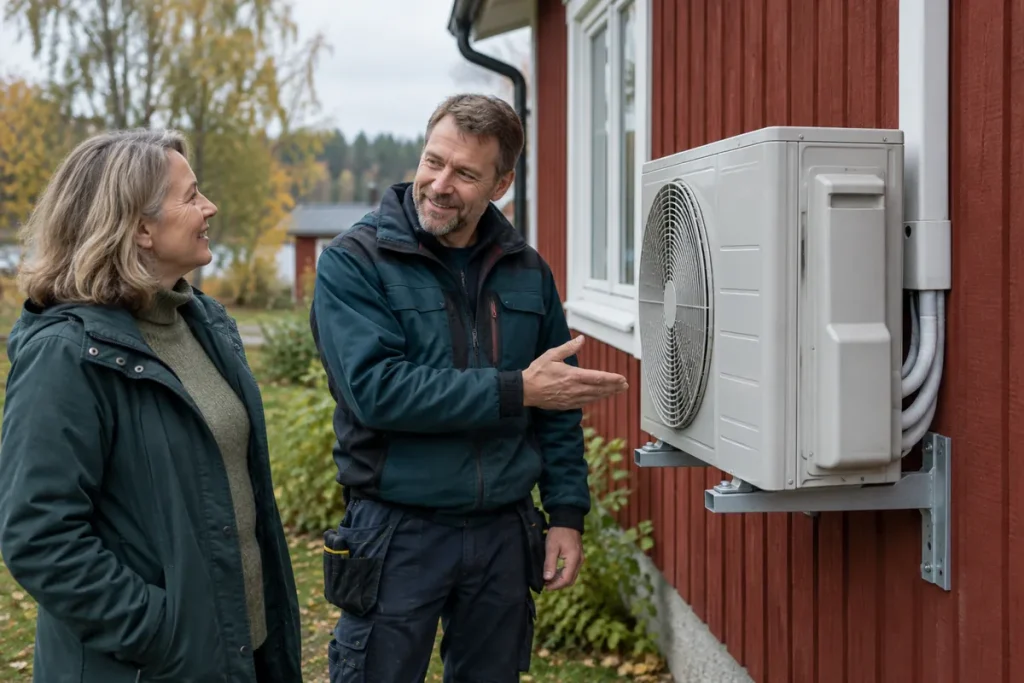 Installatören visar husägaren den nya utedelen till luftvärmepumpen