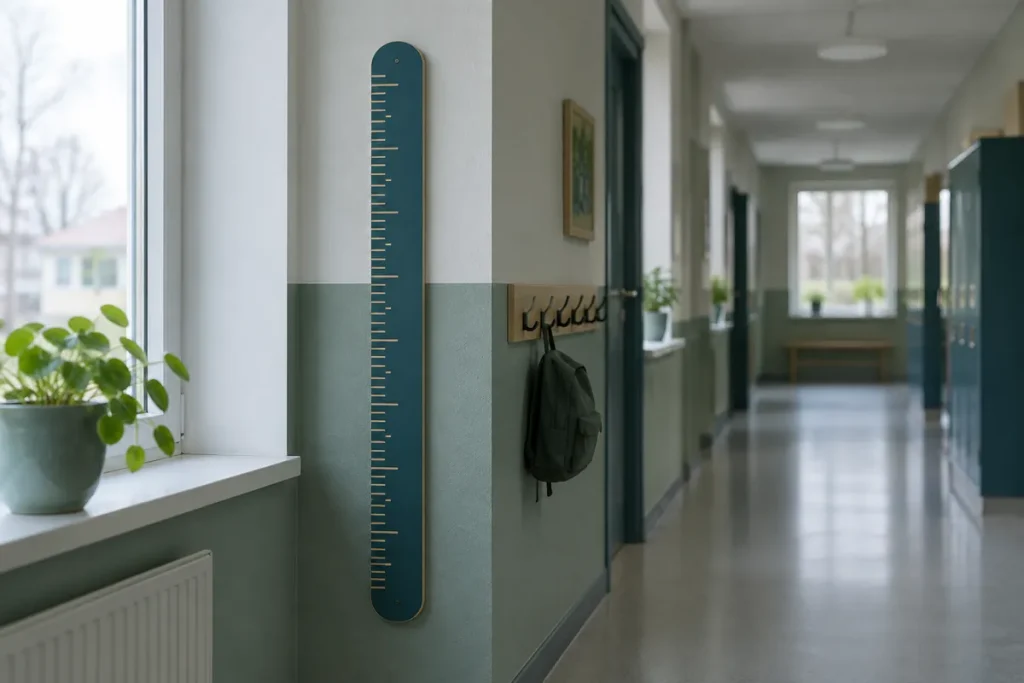 Längdmätare på en vägg i en ljus skolkorridor
