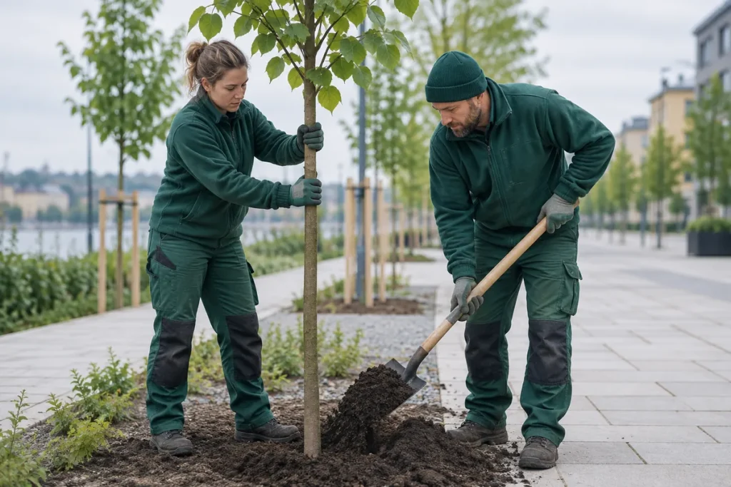 Två parkarbetare planterar ett ungt träd längs en nybyggd gata i staden