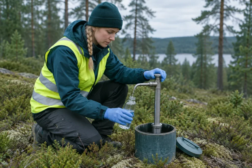 Tekniker tar vattenprov ur en grundvattenbrunn i skogsmiljö