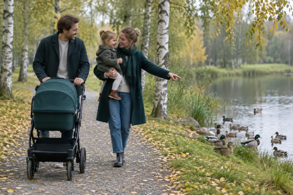 Två föräldrar med barnvagn och ett skrattande barn på promenad i en björkpark