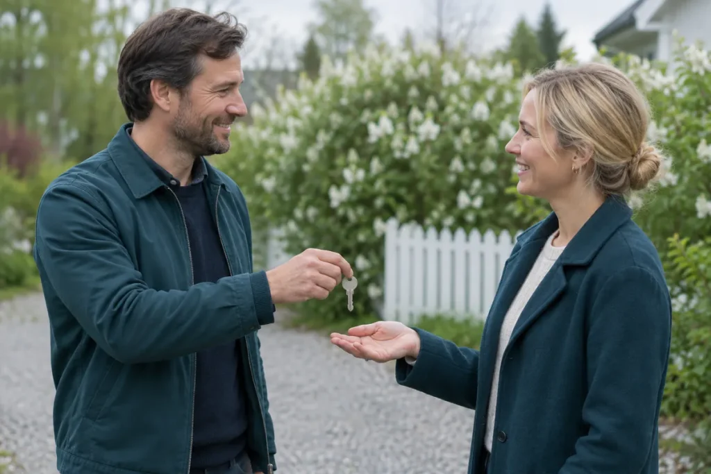 En säljare räcker över en nyckel till en köpare på en grusuppfart en vårdag