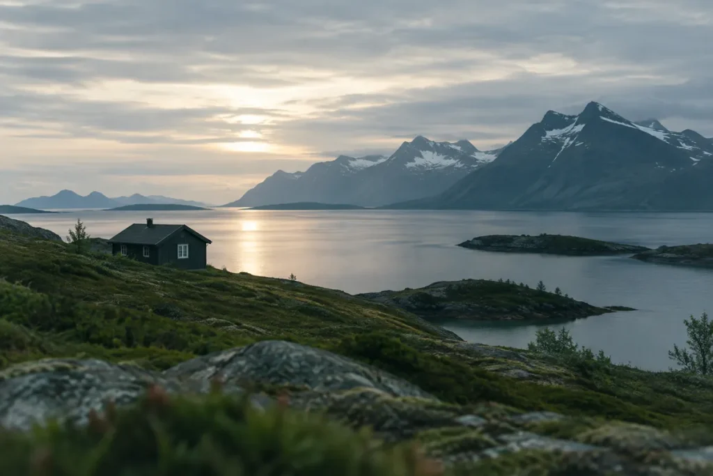 Lågt solljus genom molnslöjor över ett nordiskt landskap