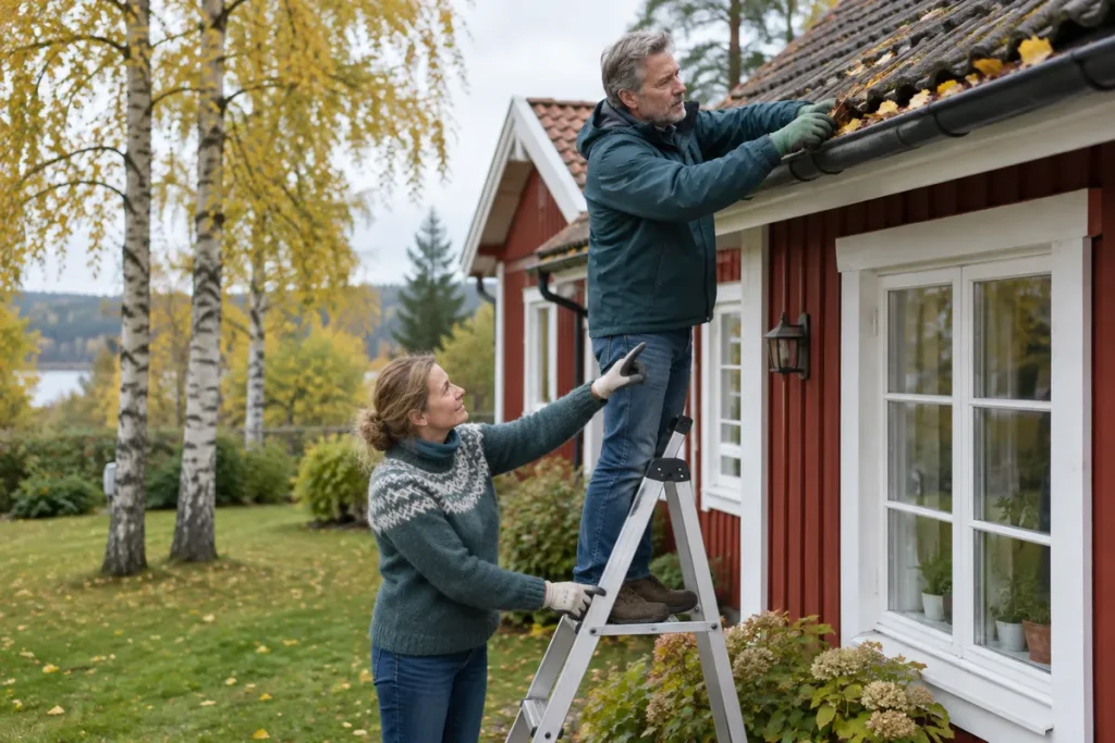 Par rensar hängrännan på sin röda villa en höstdag