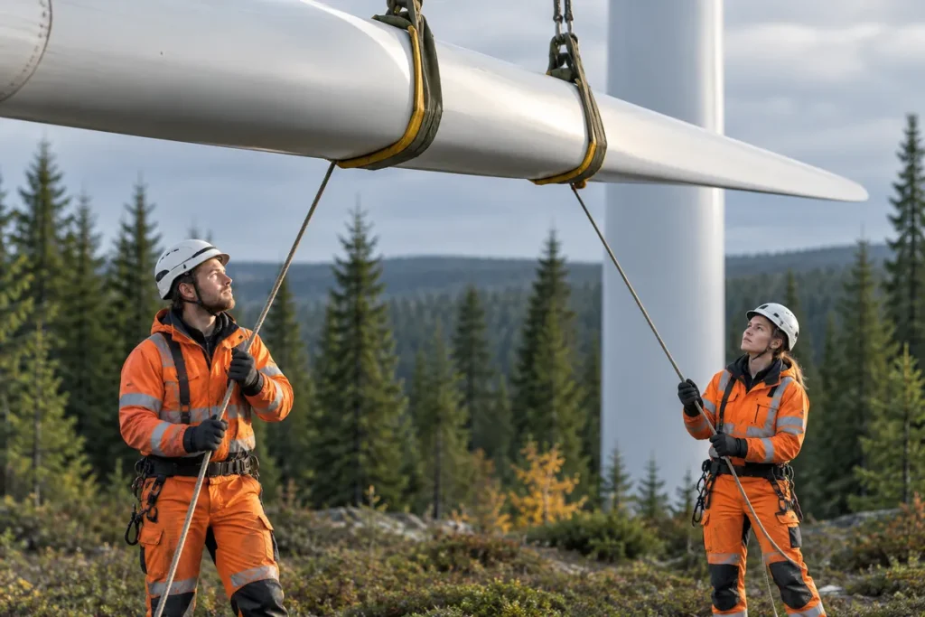Två vindkrafttekniker styr ett rotorblad med linor vid ett vindkraftsbygge i skogen
